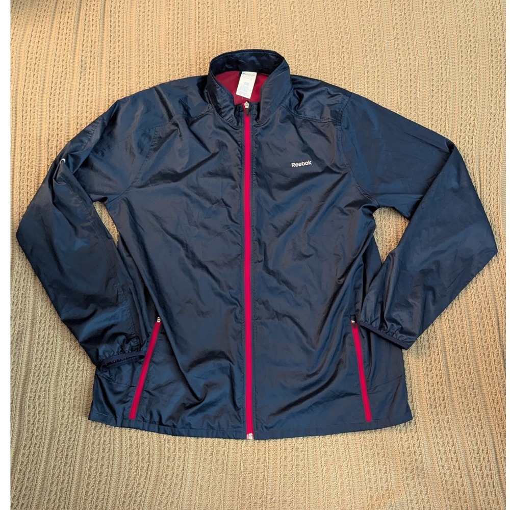 Reebok Mens 2XL Navy Blue Red Full Zip Windbreaker Jacket Mesh Lined Ripstop